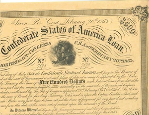 $500 Bono Confederado 20 de Febrero de 1863 HOJA DE EMISIÓN REPRODUCCIÓN CON 8 CUPONES - Imagen 1 de 2