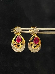 Pave 1 Cts Round Brilliant Cut Natural Diamonds Ruby Dangle Earrings In 14K Gold - Picture 1 of 12