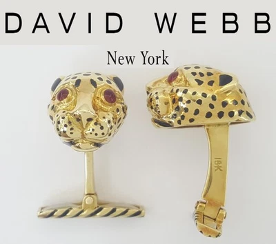David Webb Ruby & Enamel Leopard Cufflinks 18k Yellow Gold 17.7 Grams - Image 1 of 4