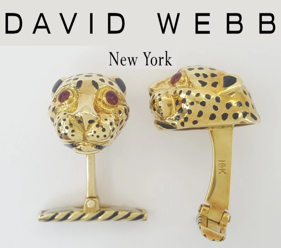 David Webb Ruby & Enamel Leopard Cufflinks 18k Yellow Gold 17.7 Grams - Image 1 of 4