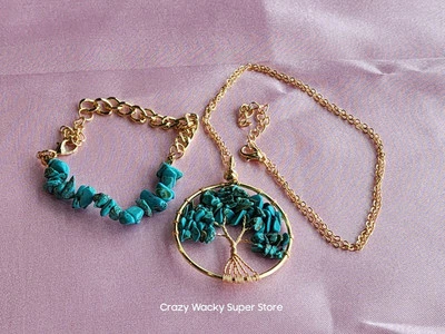 Natural Turquoise Crystal Gold  Necklace And Bracelet Set  - image 1 of 4