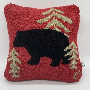 Laura Megroz Chandler 4 Corners BLACK BEAR Trees Red Hooked Wool Pillow 14”x14" - Picture 1 of 21
