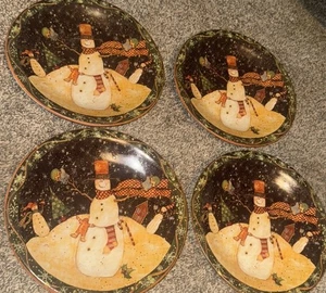 Susan Winget Folk Snowman salad plates set if 4 by Certified International - Picture 1 of 8