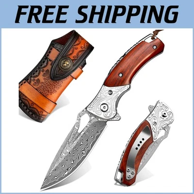 Cuchillo ergonómico de acero Damasco de 6,5" VG10 con mango de ébano y funda de cuero Foto 1 de 4