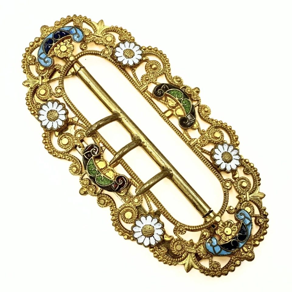 Antique Victorian French Gold Gilt Floral Enamel Belt Buckle - Image 1 of 4