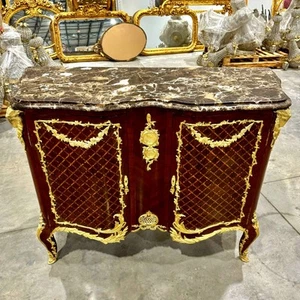 Brown Commode Cabinet Gold Details French Louis XVI Style Furniture Marble - Picture 1 of 14
