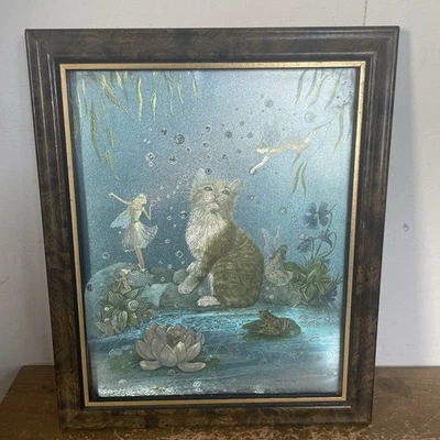 Jean Henry Framed Foil Vintage Art Print Cat Fairies Dufex Fantasy - image 1 of 4