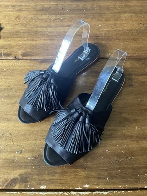 Sandalias Loeffler Randall Kiki Borla Cuero Zapatos Planos Mulas Toboganes Negras 10 Foto 1 de 4