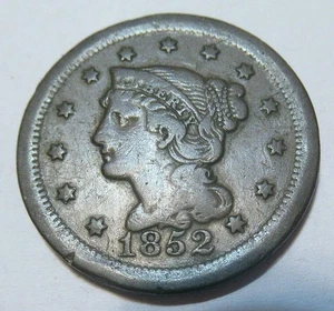 Nice 1852 Braided Hair Large Cent Fine F Condition Uniformly Toned Free Shipping - Picture 1 of 8