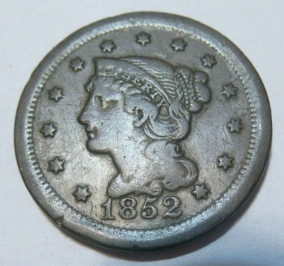 Nice 1852 Braided Hair Large Cent Fine F Condition Uniformly Toned Free Shipping - Image 1 of 4