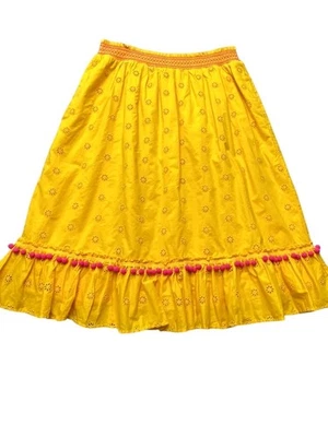 Falda J Crew Mujer Grande Amarillo Ojales Algodón Forrada Pom Pom Boho Verano SU20 Foto 1 de 4