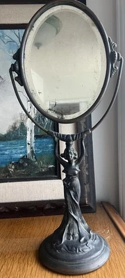 Antique Art Nouveau Beveled Mirror Cast Iron Victorian Lady - Image 1 of 4