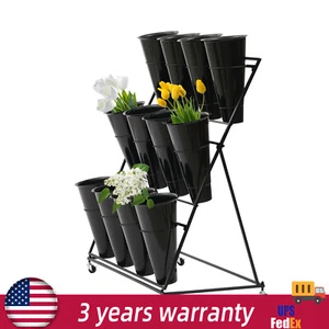 Flower Display Stand - 12 x Buckets 3 Layers Metal Plant Stand with Wheels Black - Picture 1 of 23