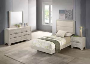 4 PC WHITEWASH FINISH CREAM BOUCLE TWIN NS DRESSER BED BEDROOM FURNITURE SET - Picture 1 of 24