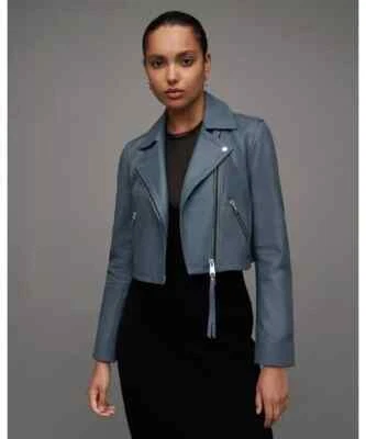 Chaqueta de Motociclista AllSaints Dalby Recortada Delgada de Cuero Gris Pizarra Nueva con Etiquetas EE. UU. 8 (CO38) Foto 1 de 4