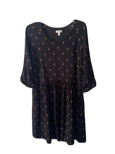 Garnet Hill Women's Sz 6 Tunic Dress Black Print 3/4 Sleeve Pockets - Picture 1 of 7