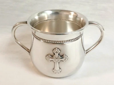 Reed & Barton Silverplate Double Handle Baby Cup w/Cross Abbey Collection 4711 - Image 1 of 4