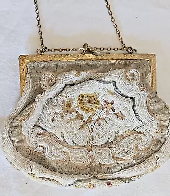 Antique Beaded Threadwork Chained Handbag 6x4.75" Clutch EXTRA SMALL beadwork - Image 1 of 4