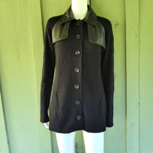 ETCETERA Black Merino Wool Leather Trim Cardigan Sweater Medium M - Picture 1 of 4