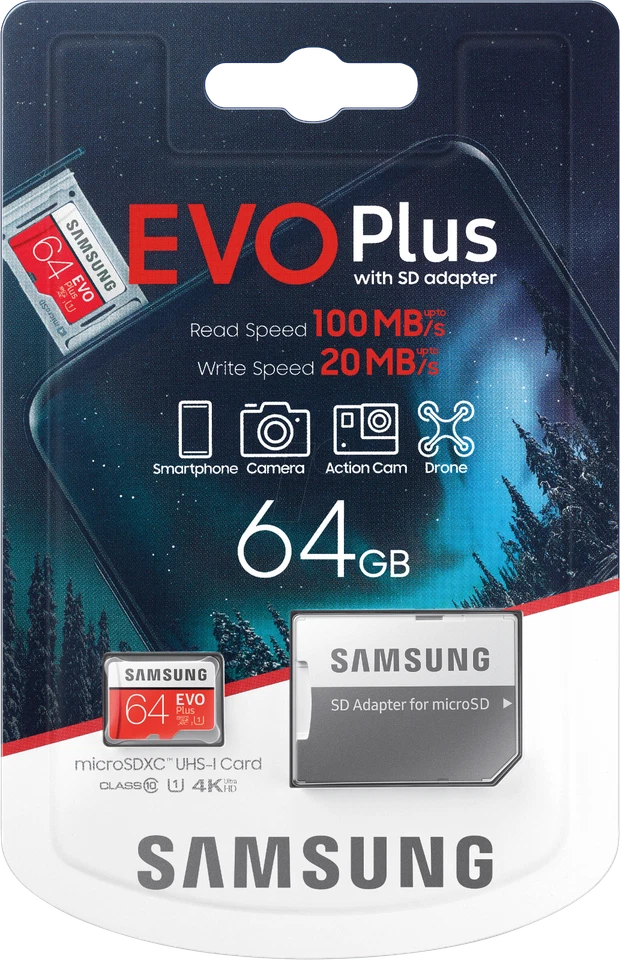 Micro SD Samsung EVO plus 64GB scheda Memoria 100MBs class 10 UHS-I MicroSD Card - Immagine 1 di 4