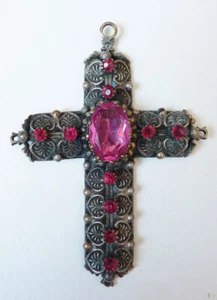Croix pendentif métal argenté et strass Bijou ancien cross jewel  - Bild 1 von 3