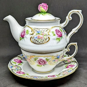 Tea For One Teapot Teacup Porcelain by Heirloom Lace Ltd. Romania Artist Signed - Picture 1 of 15