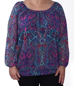 Ruffled and embellished blue hot pink blouse with lining by C.D. Daniels - Picture 1 of 2