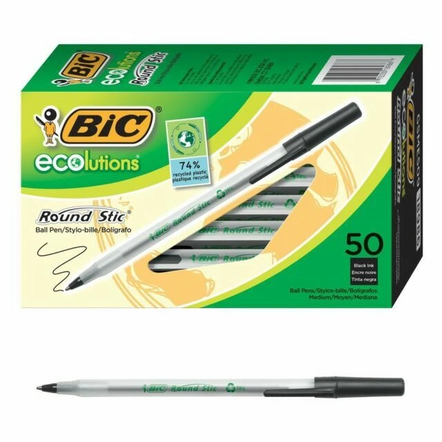 BIC Ecolutions GSME509-BLK Recycled Round Stic 1mm Black Ballpoint Pen - 50 Pieces