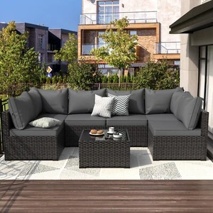 7 Piece Outdoor Patio Furniture Set Black PE Rattan Wicker Sofa Set With Table - Picture 1 of 7