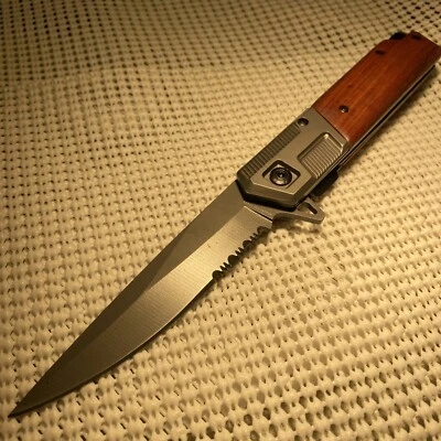 "Cuchillo de bolsillo de caza plegable hoja abierta asistida por resorte con mango de madera 9""" Foto 1 de 4