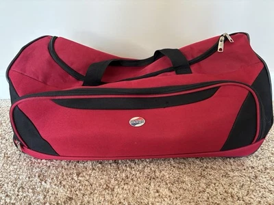 American Tourister Red + Black Duffle Bag With Wheels 24" Used Zippers Work - Image 1 of 4