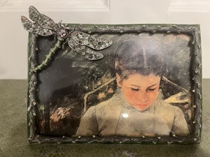 Jay Strongwater Green Enamel & Crystal Dragonfly Picture Frame Silver Tone 4x6 - Picture 1 of 8