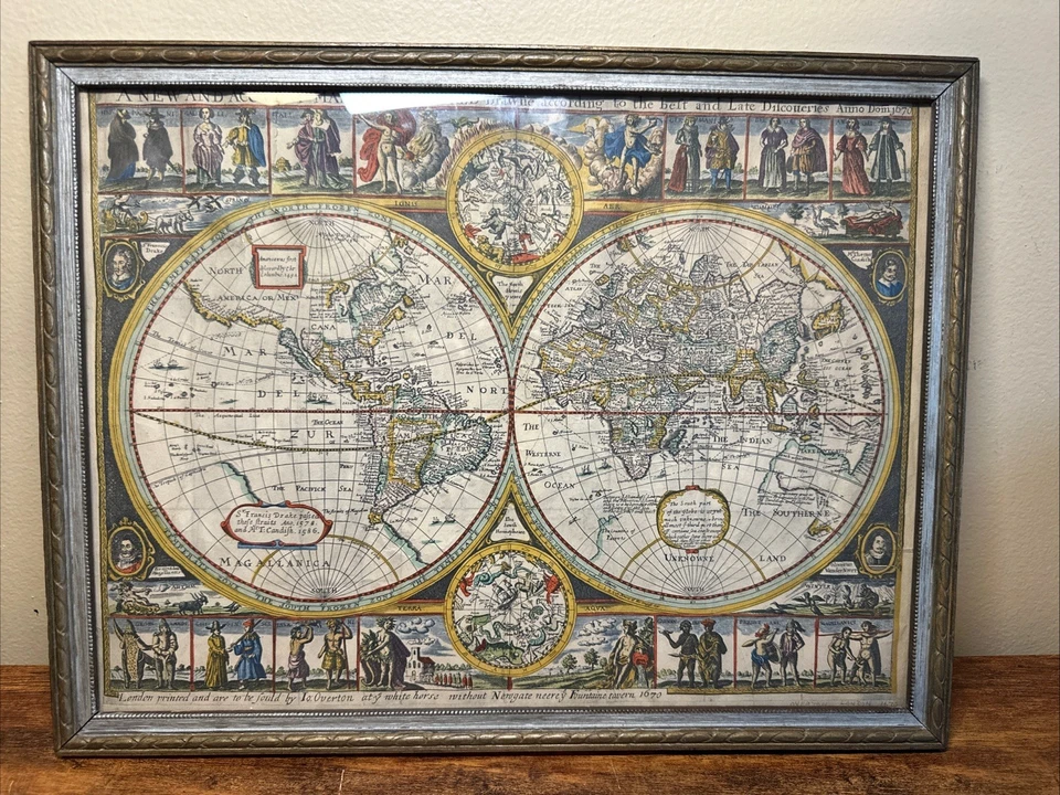 ANTIQUE WORLD MAP SIGNED OVERTON LONDON 1670 COLORED PRINT VINTAGE 17” x 13” - Image 1 of 4