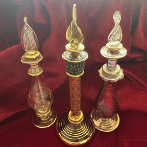 Set 3 Vintage Egyptian Handblown Gold Gilded Perfume Bottles with Dropper Dauber - Picture 1 of 16