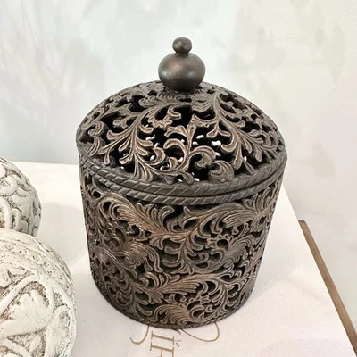 Old World Style Cylindrical Box Container & Lid Perforated Accent Piece Canister - Image 1 of 4