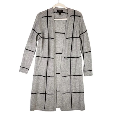 Cardigã Charter Club 100% Cashmere Suéter Frente Aberta Longo Cinza Listra Preta M - Imagem 1 de 4