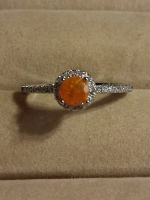Ópalo de fuego naranja 5 mm y circonitas circonitas simuladas, placa de plata de ley 925 de 14 KWG, talla 8,5 Foto 1 de 4