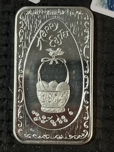 Vintage 1974 Liberty Mint Happy Easter Basket w/ Eggs 1 Ounce Silver Art Bar - Picture 1 of 4