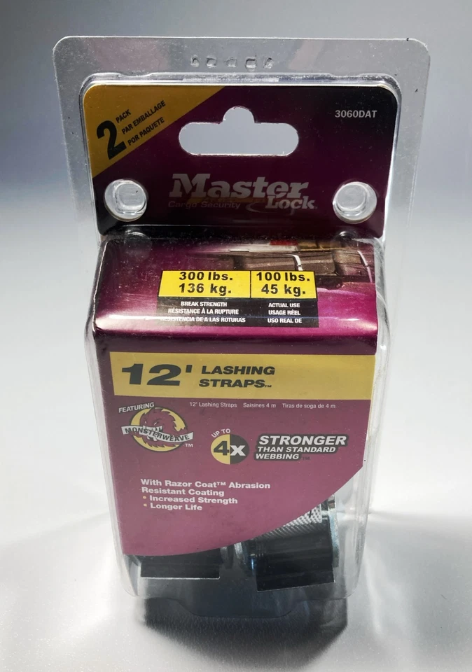 Master Lock 12’ Foot Lashing Straps with Steel Buckles 2 in pkg. New 3060DAT - Image 1 of 4