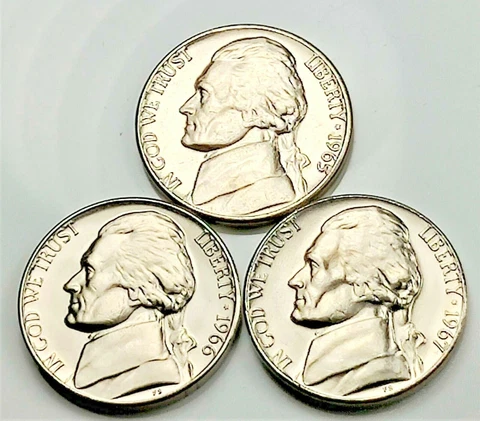 1965 - 66 - 67 Jefferson Nickels - Three BU Coins pulled from OBW Rolls Cover