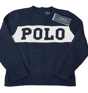 Polo Ralph Lauren navy blue white logo knit sweater Kids 5 NWT - Picture 1 of 9