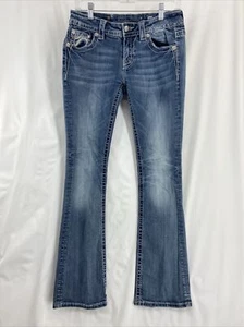 Miss Me Bootcut Women's Blue Denim Jeans Whisker Faded Rhinestone Stud Size 28 - Picture 1 of 15