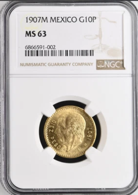 :1907M ORO 10 PESOS MÉXICO HIDALGO NGC MS63 RAREZA R7 8/3 BAJO POP ALTA CALIDAD Foto 1 de 4
