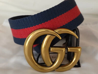 Auténtico Cinturón Gucci Azul Rojo Rayas Tejido Dorado GG Talla 38/40 110 cm Foto 1 de 4