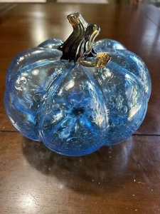 Silkwood Studios Signed Handblown Blue Glass Pumpkin 2006 Controlled Bubble - Picture 1 of 7