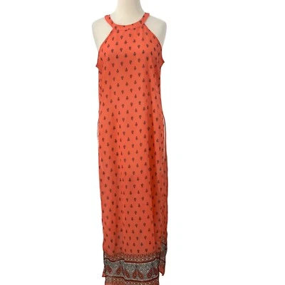 Charlotte Russe Women's Sleeveless Halter Maxi Dress Coral Paisley Print Size L - Image 1 of 4