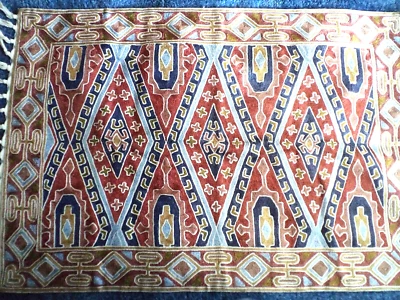 Chain Stitch Rug  23-1/2 "  x  35-1/2 "  Rust Brown  Blue and Mustard — 第 1/4 张图片