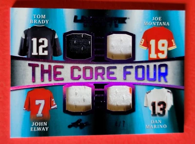 TOM BRADY Joe Montana DAN MARINO John Elway 4 GAME USED JERSEY CARD #d4/7 LEAF - Image 1 of 3