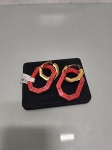 Oscar De La Renta Gold Tone & Red Hoop Dangle Earrings - N21-2 - Picture 1 of 3