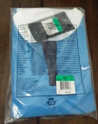 Nike Dri Fit niñas talla. Camiseta L blanca y azul con logo cuello en V dividido. Nuevo en paquete, ¡envío gratuito!! Foto 1 de 4